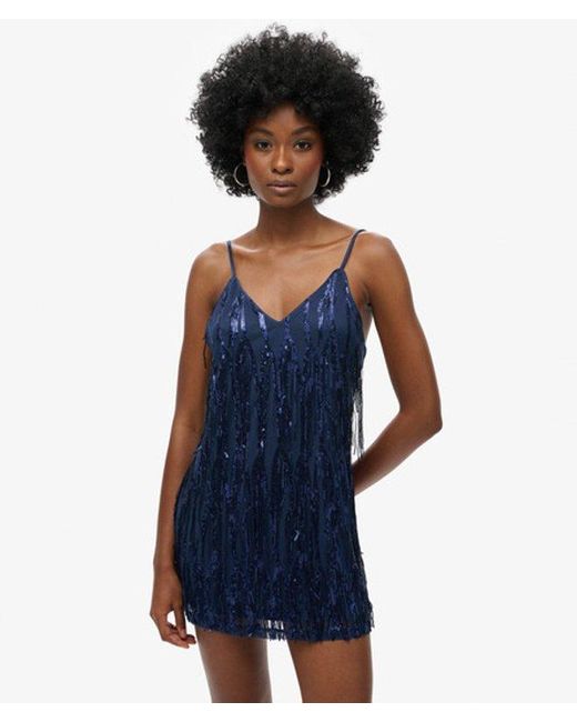 Superdry Blue Sequin Fringe V Neck Cami Mini Dress