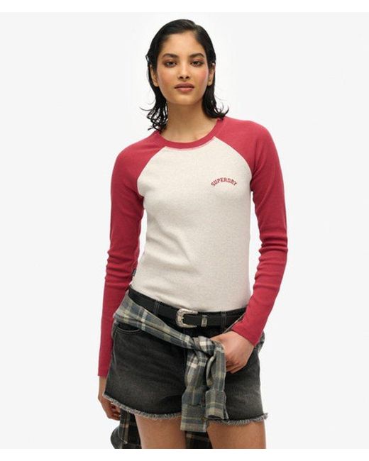Superdry Red & Co Essential Logo Ribbed Baseball Long Sleeve Top