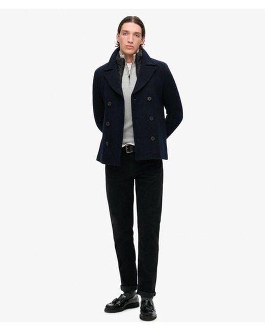 Superdry Blue Classic 2 In 1 Wool Pea Coat for men