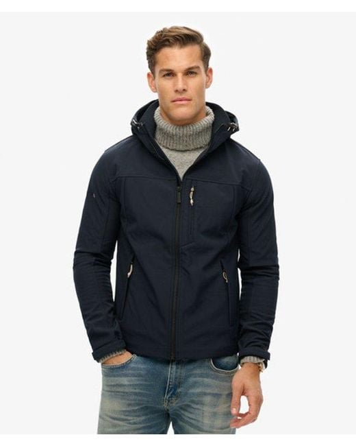 Superdry Blue & Co Lightweight Embroidered Logo Hooded Soft Shell Trekker Jacket for men