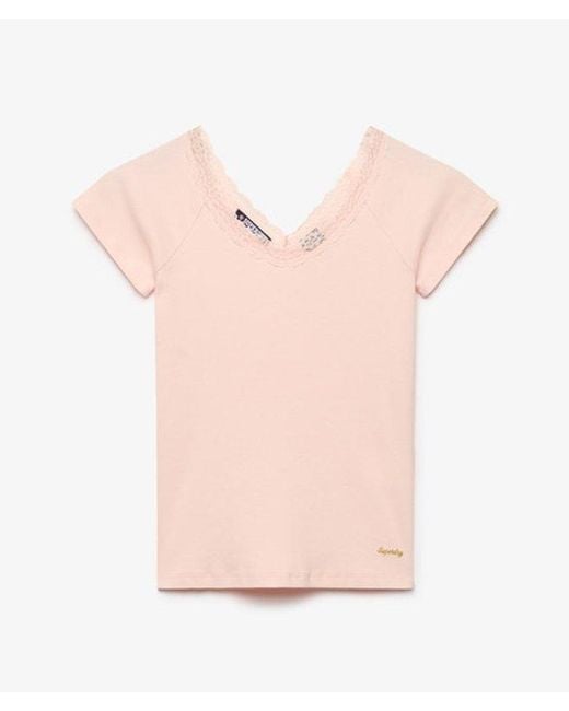Superdry Natural & Co Athletic Essential Lace Trim V-neck T-shirt