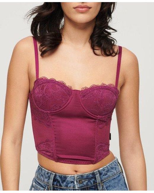 Superdry Purple Satin And Mesh Lace Corset Top
