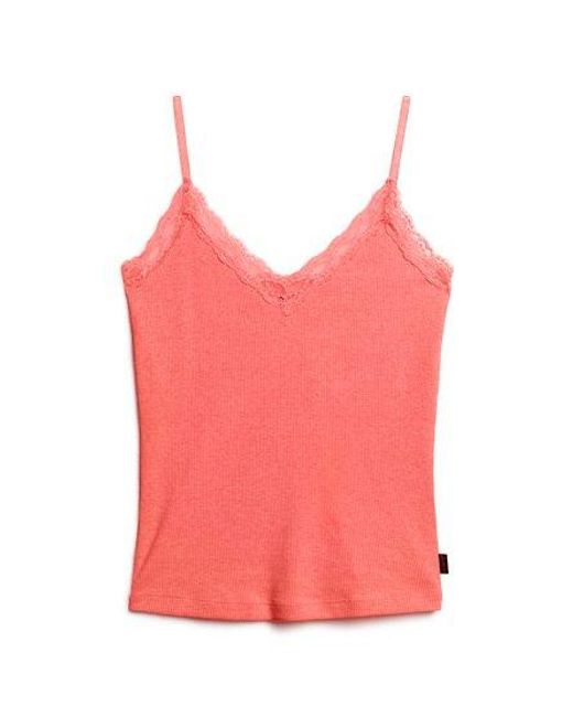 Superdry Pink Organic Cotton Essential Rib Lace Cami Top
