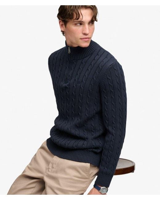 Superdry Blue Preppy Cotton Cable Half Zip Jumper for men