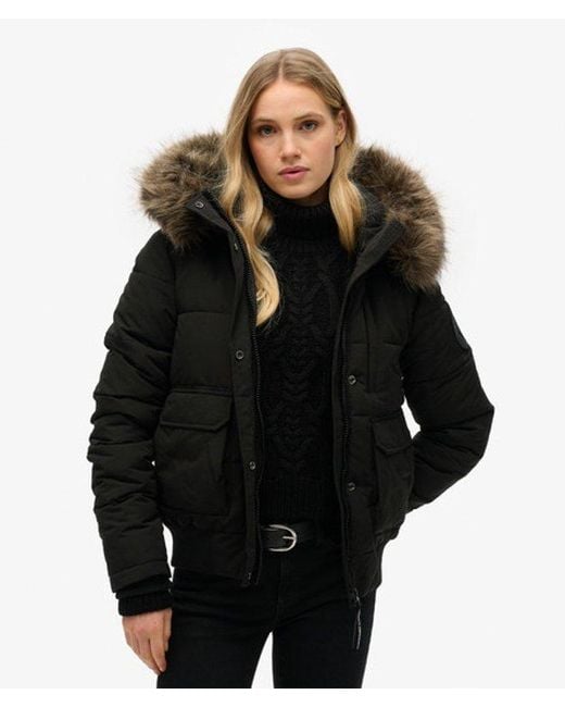 Superdry Black Fully Lined Embroidered Badge Hooded Everest Puffer Bomber Jacket