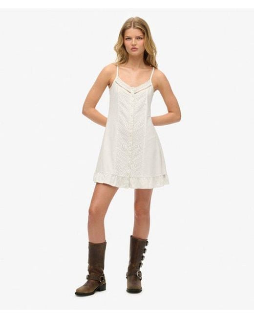 Superdry White Cotton Lace Detail Button Through Cami Dress