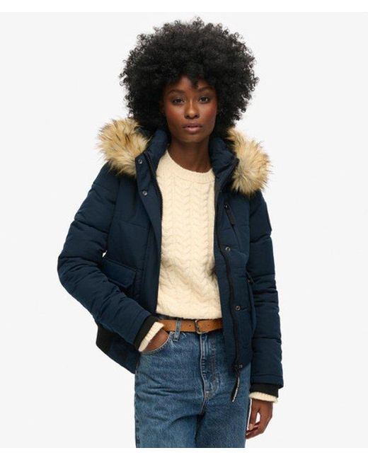 Superdry Blue Fully Lined Embroidered Badge Hooded Everest Puffer Bomber Jacket