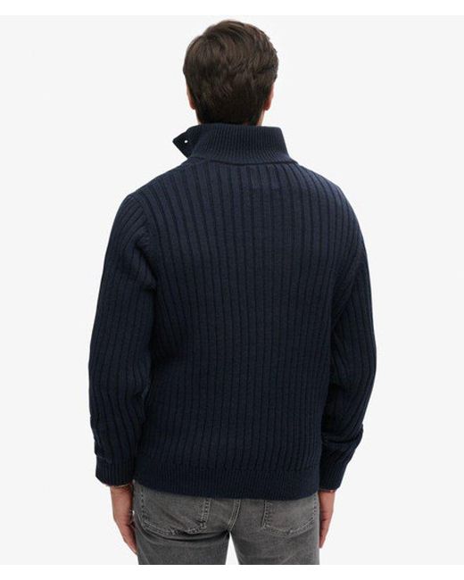Superdry Blue Ribbed Half Button Jumper for men