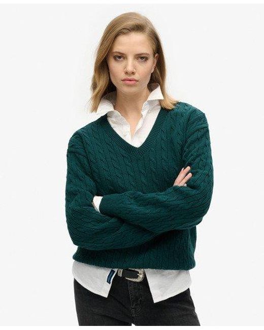 Superdry Green Oversized V Neck Cable Knit Jumper