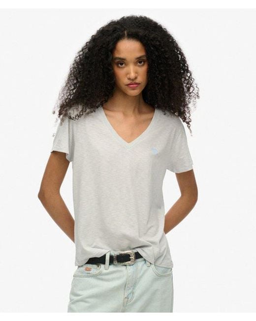 Femme Coton Logo Brodé Flammé T Shirt À Col En V, Bleu & Blanc Superdry en coloris White