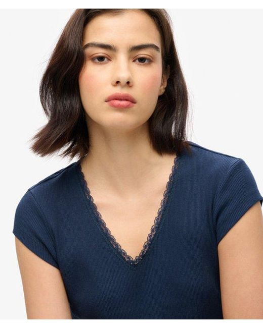 Superdry Blue & Co Athletic Essentials Lace Trim V-neck Top