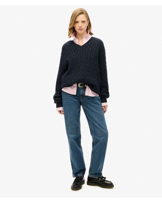 Superdry Blue & Co Ladies Lightweight Cable Knit Oversized V Neck Jumper