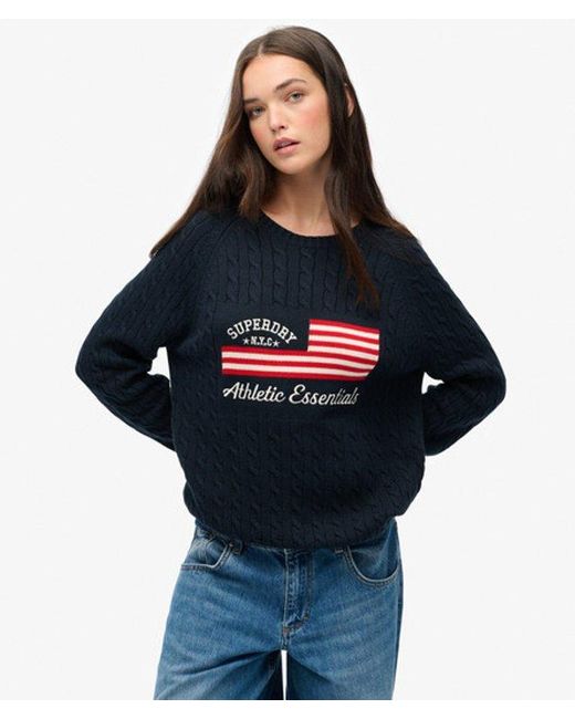 Superdry Blue Slouchy Cable Flag Knit Jumper