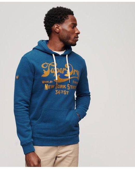 Superdry Blue 34th Street Script Hoodie for men