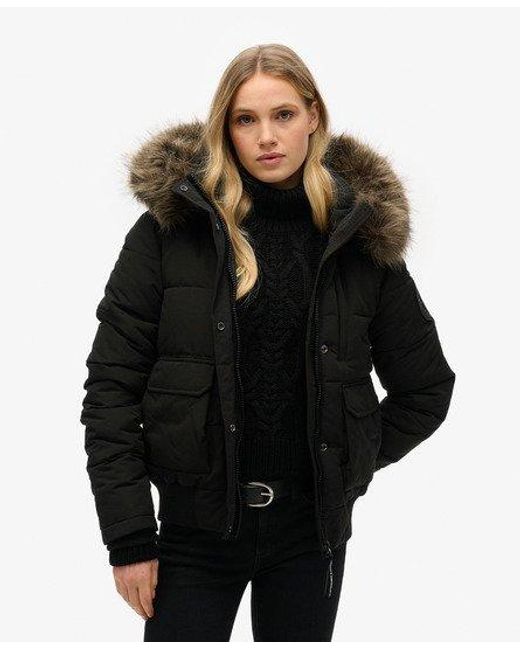 Superdry Black Fully Lined Embroidered Badge Hooded Everest Puffer Bomber Jacket