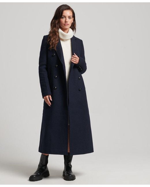 Superdry Blue Long Military Wool Coat Navy / Eclipse Navy