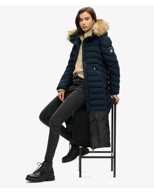 Superdry Blue & Co Slim Fit Fuji Faux Fur Hooded Long Jacket