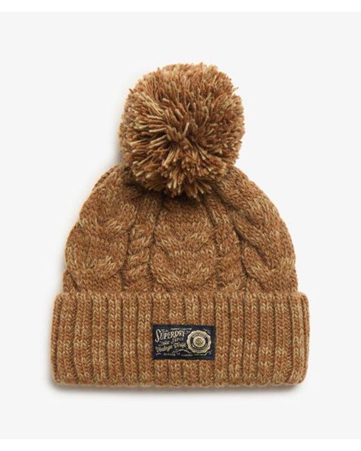 Superdry Brown Chunky Cable Beanie Hat - Size: 1size