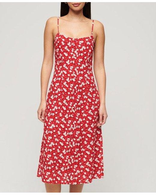 Superdry Red Printed Button-up Cami Midi Dress