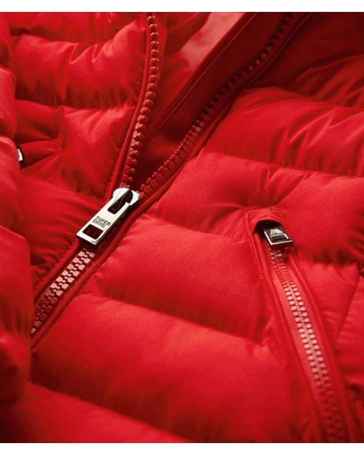 Superdry Red Fuji Faux Fur Hood Mid Length Puffer Coat