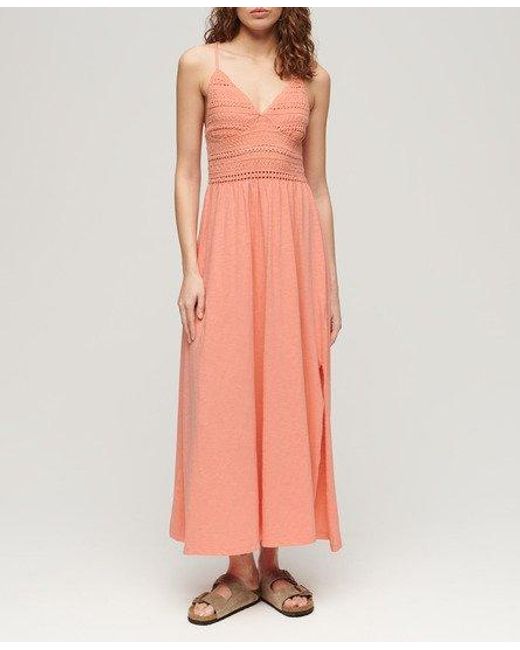 Superdry Jersey Maxi-jurk Met Kant in het Pink