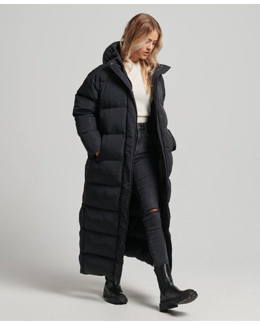 Superdry Hooded Maxi Puffer Coat Black | Lyst UK