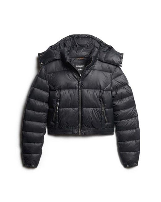 Superdry Black Classic Quilted Crop Hooded Jacket