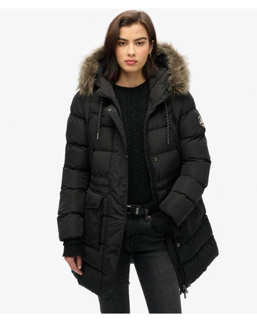 Doudoune mi-longue à fourrure synthétique everest Superdry en coloris Black