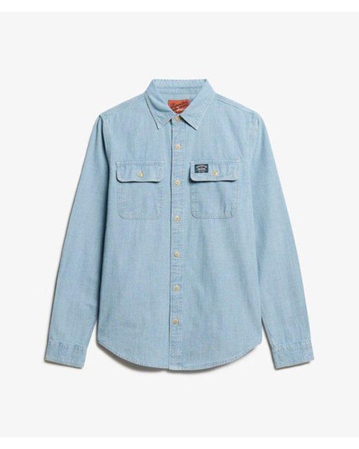 Superdry Blue Cotton Workwear Long Sleeve Shirt for men