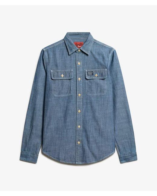 Superdry Blue Cotton Workwear Long Sleeve Shirt for men