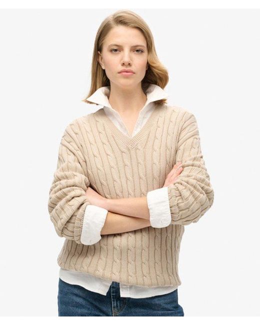 Superdry Natural & Co Ladies Lightweight Cable Knit Oversized V Neck Jumper