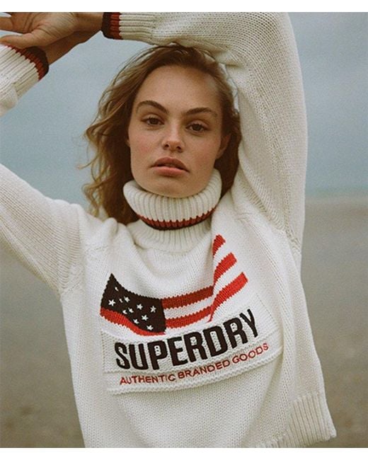 Superdry White Americana Roll Neck Knit Jumper