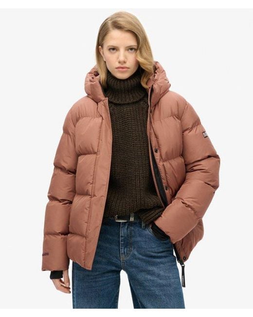 Superdry Brown & Co Hooded Mid Length Sports Puffer Jacket