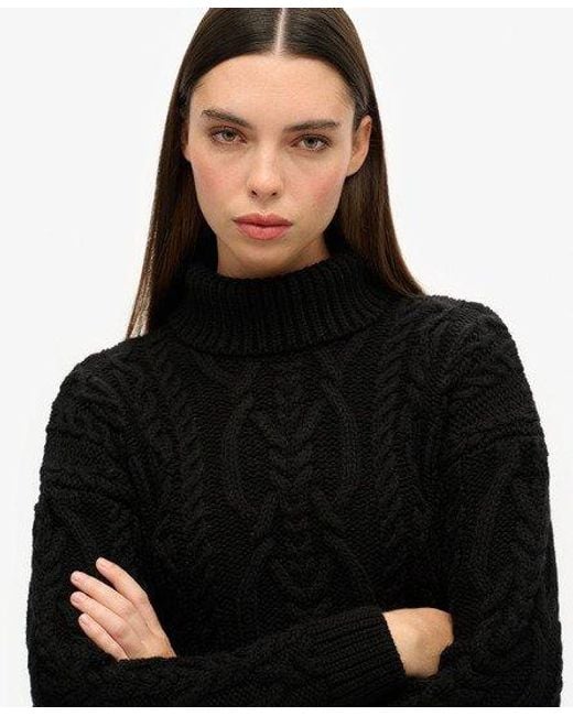 Superdry Black Cable Knit Polo Neck Jumper