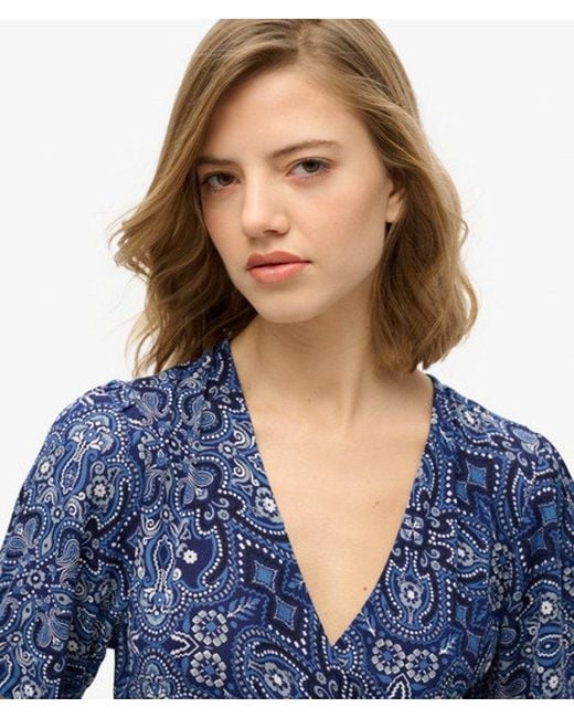 Superdry Blue Printed Wrap Midi Dress
