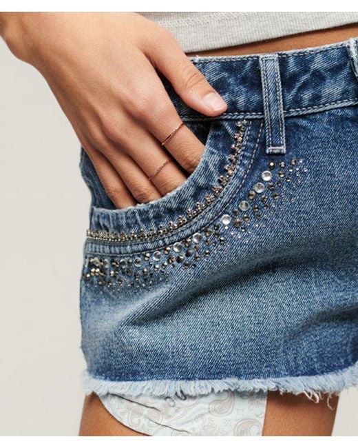 Superdry Blue & Co Ripped Diamante Embellished Denim Shorts