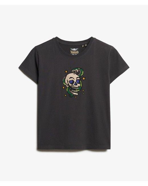 Petit t-shirt ajusté à strass effet tatouage Superdry en coloris Black