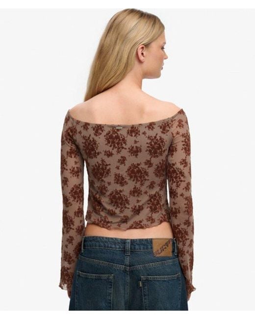 Superdry Brown & Co Flocked Mesh Long Sleeve Top