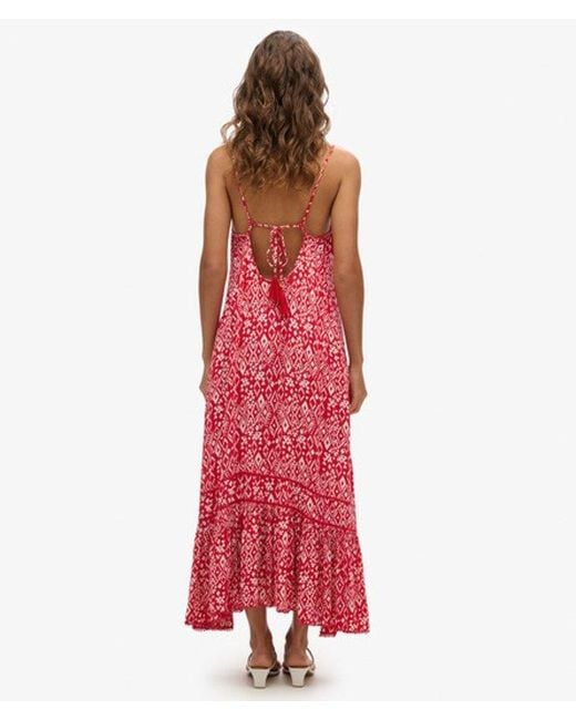 Superdry Red & Co Printed Long V-neck Cami Dress