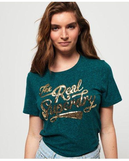 Superdry Green The Real Glitter Sequin T-Shirt Deep Atlantic Rugged