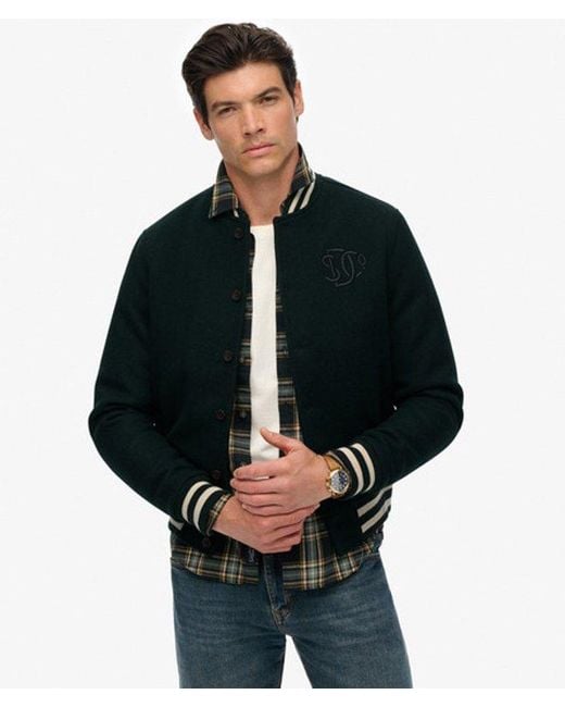 Superdry Black Varsity Monogram Wool Blend Bomber Jacket for men
