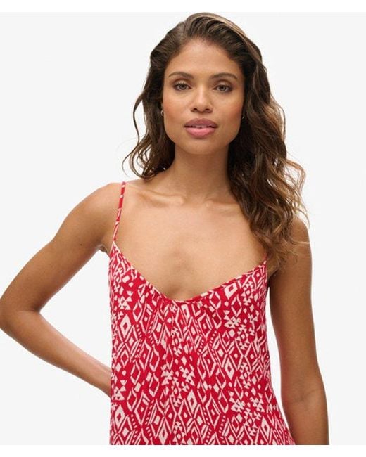 Superdry Red & Co Printed Long V-neck Cami Dress