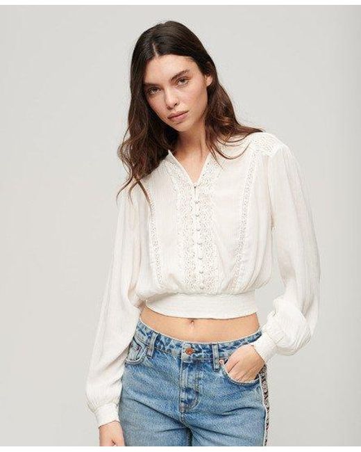 Superdry White Long Sleeve Lace Trim Smocked Blouse
