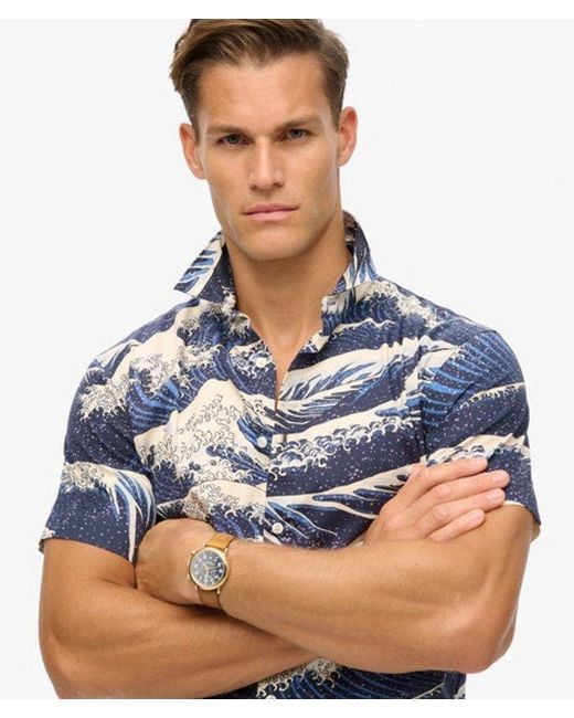 Superdry Blue Mens Classic Wave Print Short Sleeve Hawaiian Shirt for men