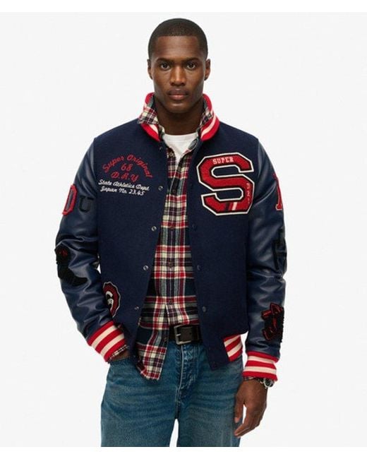 Superdry Blue College Varsity Patched Bomber Jacket for men