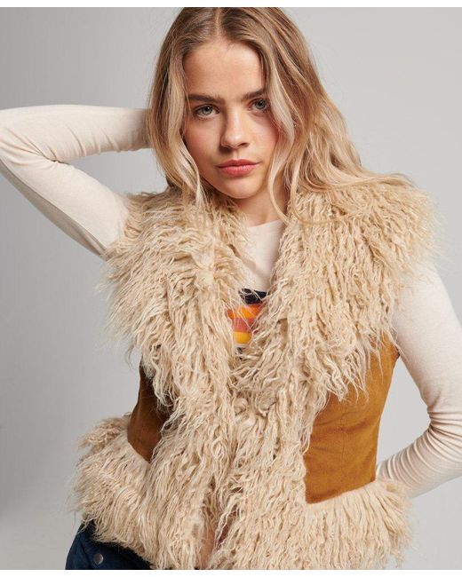 Superdry Natural Faux Fur Lined Afghan Cropped Gilet