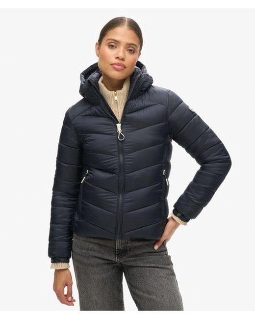 Superdry Blue Ladies Slim Fit Chevron Hooded Fuji Padded Jacket