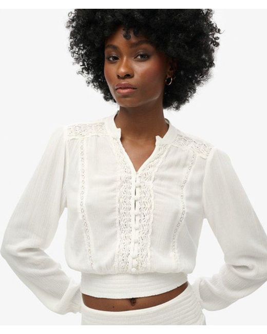 Superdry White & Co Long Sleeve Lace Trim Smocked Blouse