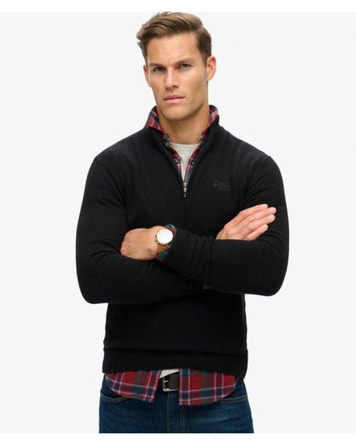 Superdry Black Essential Embroidered Knitted Half Zip Jumper for men