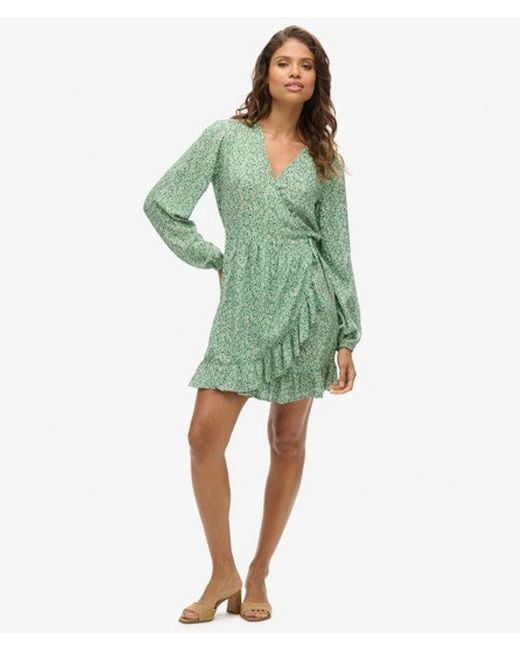 Superdry Green & Co Printed Long Sleeve Wrap Mini Dress